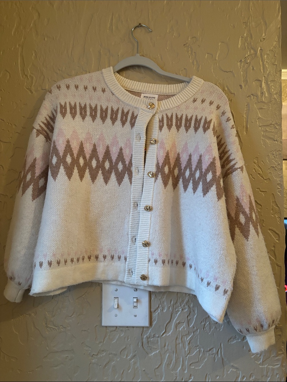 Song of Style Ivory Cardigan with Taupe & Blush Diamond Pattern